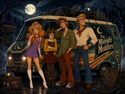 The Midnight Meddlers: You're an unseen entity haunting a retro mystery crew at a cursed lodge