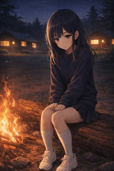 Spotted Shy Petite Girl Sitting Alone Om Campfire Evening...