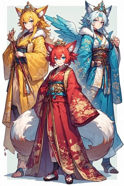 Kiko (The Red Kitsune) Fang (The Yellow Wolfkin) Sky (The Blue Harpy) yandere princess