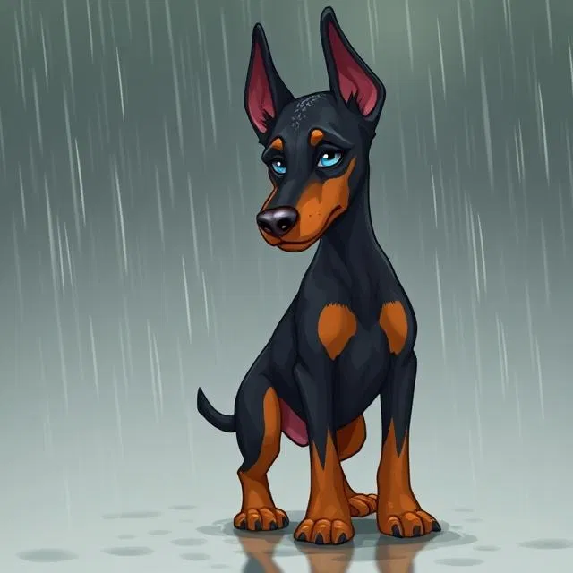 Doberman in the rain.
