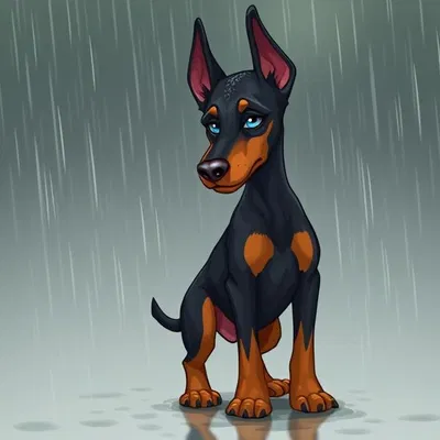 Doberman in the rain.