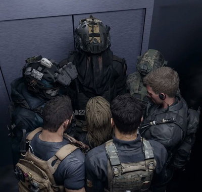 Stuck in elevator with six men 