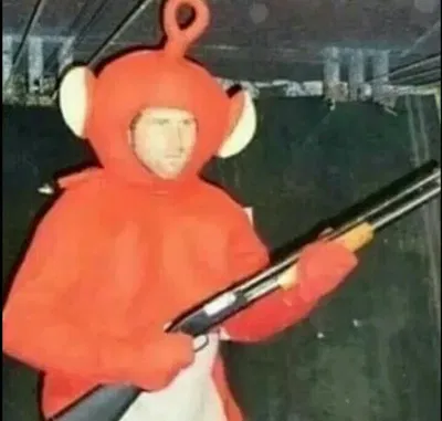 Teletubbie Po with a shotgun.