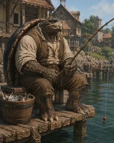 A big burly turtle fisherman.