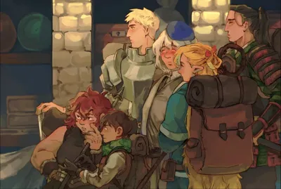 Laios’ party | Falin Touden • Laios Touden • Shuro (Toshiro Nakamoto) • Namari • Marcille Donato • Chilchuck Tims