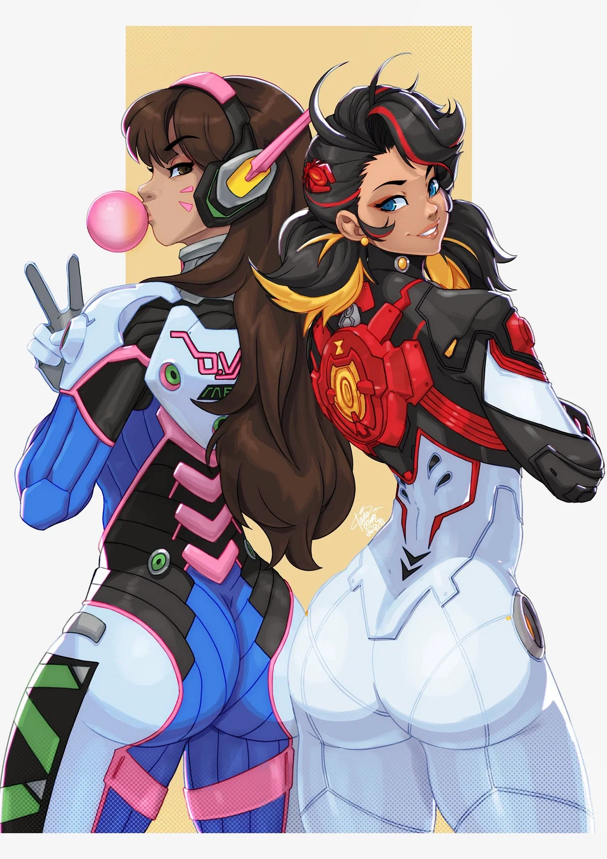 Your fellow heroines D.Va and Peni Parker.