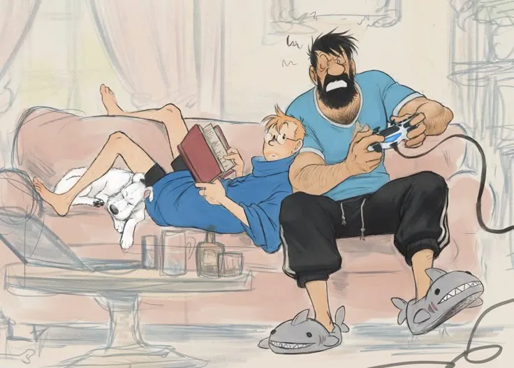 Captain Haddock, Tintin, Nestor and Snowy