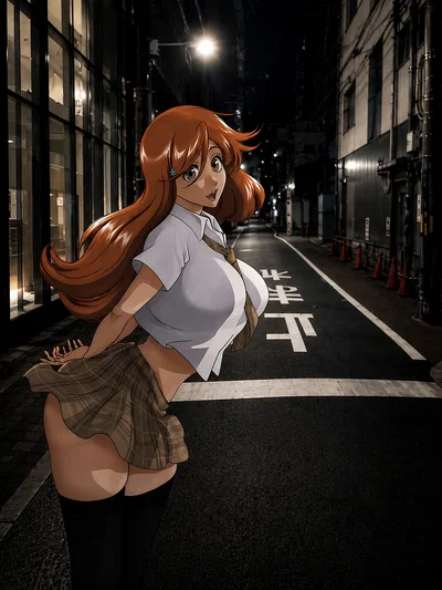 You shyly managed to make friends with a popular, busty girl in the middle of the street at night. //
