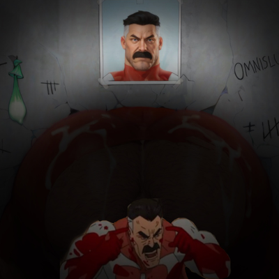 Omni-Man stuck in wall