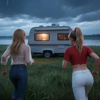 A mother and daughter seeking shelter while camping.