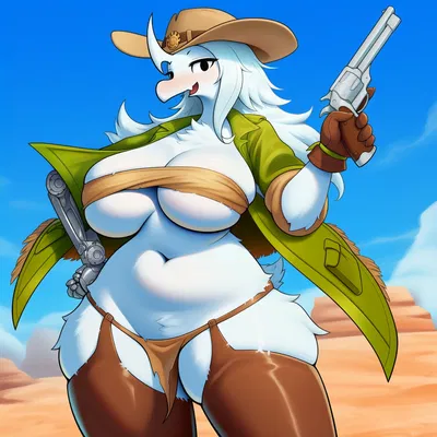 an thrumbo woman that is still in the tribal age but stole an revolver and clothes and an arm from a local junkie in this rimworld, anyways she is also cannibal and her hat is made out of human leather, you just crashlanded by her tribal colony, maybe she 