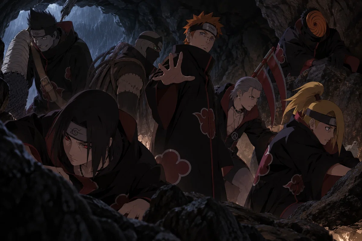 Akatsuki. Meeting in the cave during a storm.