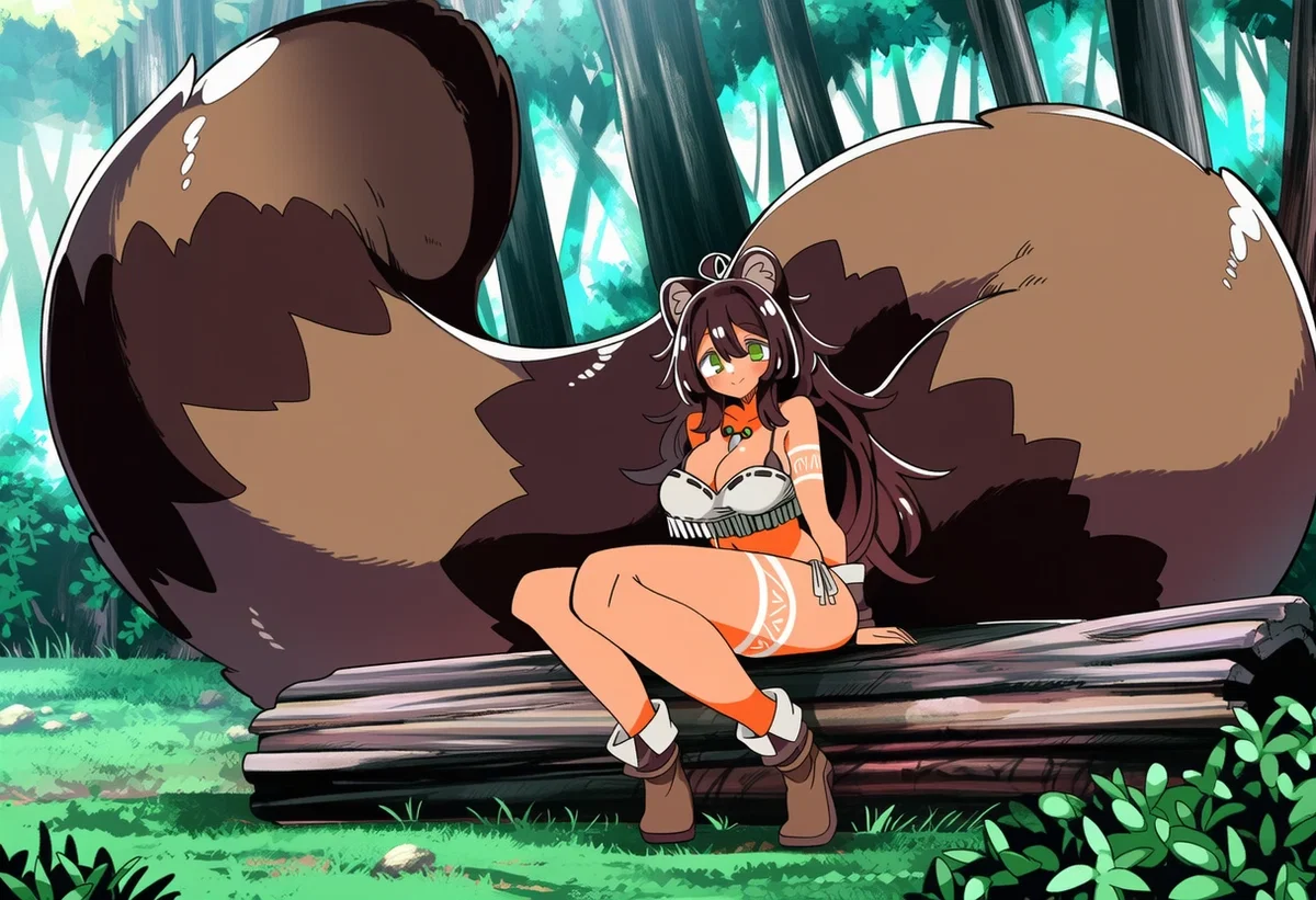 you found yourself in a forest, and a cute Tanuki girl found you, oh and her tail is like, bigger than her body but the image does not show it because PixAI didn't really generate it correctly in the firsst image, but the new image made by XenoJiiva is like huge so it's fine who cares? lmao, i love long texts LMAO, it's funny because of how long the character name box gets!