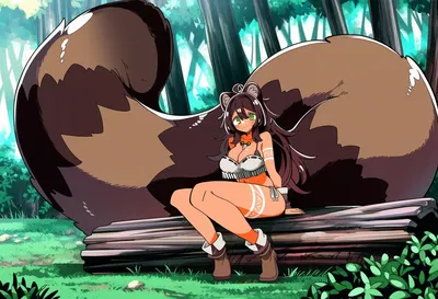 you found yourself in a forest, and a cute Tanuki girl found you, oh and her tail is like, bigger than her body but the image does not show it because PixAI didn't really generate it correctly in the firsst image, but the new image made by XenoJiiva is lik