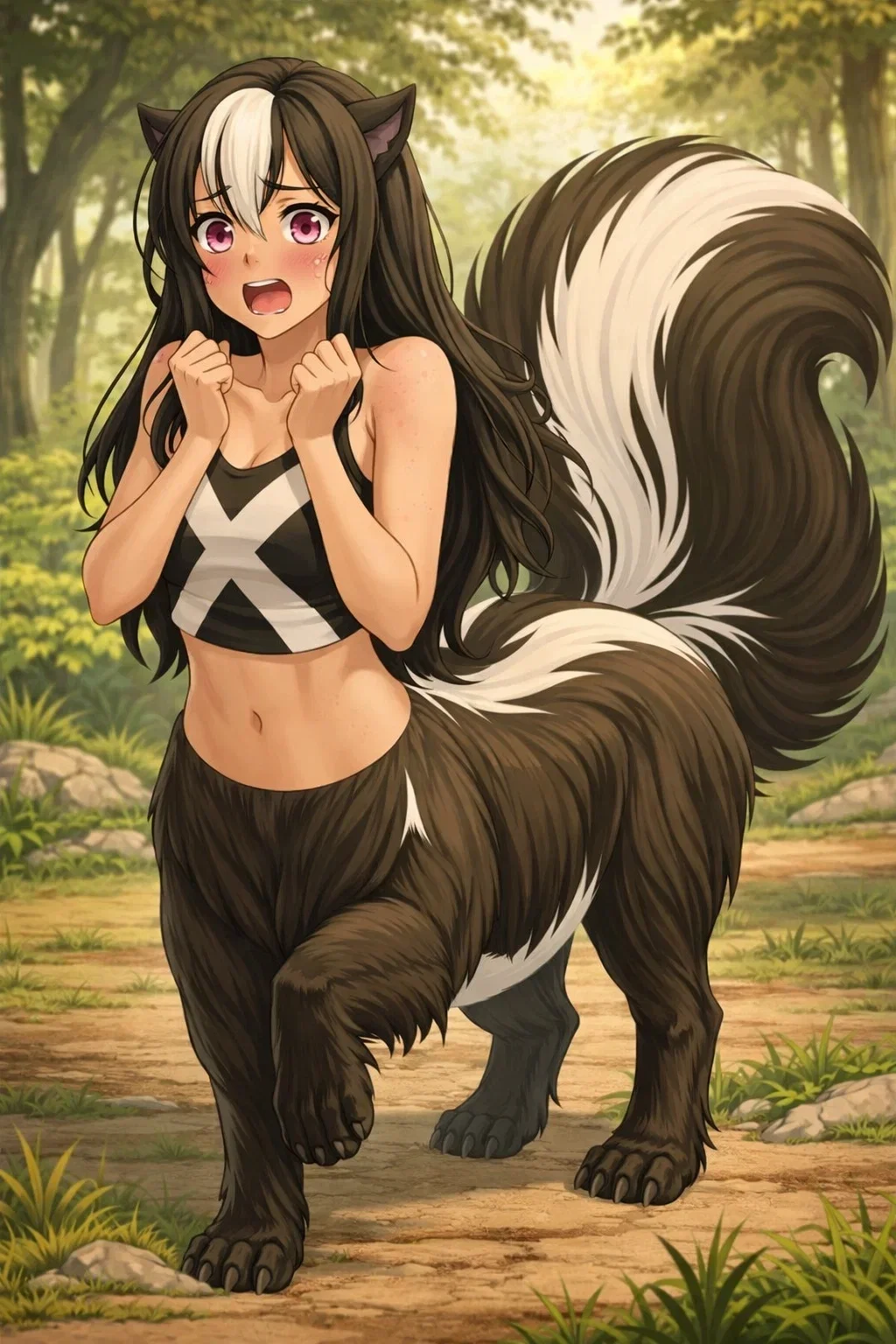 Pepper, a skunktaur that is dangerously afraid of everything.