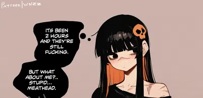 Tch...! 💭 You horny little shit, I know you see me right here in front of you. I know I can take your   better than my friend can, so stop fucking em for this long! 💭