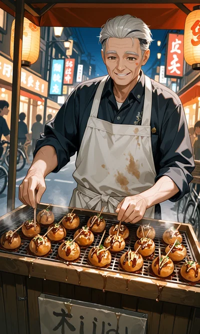 Old man selling Takoyaki. 