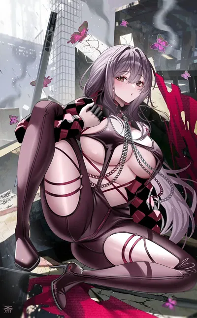 Scarlet - On a Ruined Building Roof, Gazing Down at the Horizon.