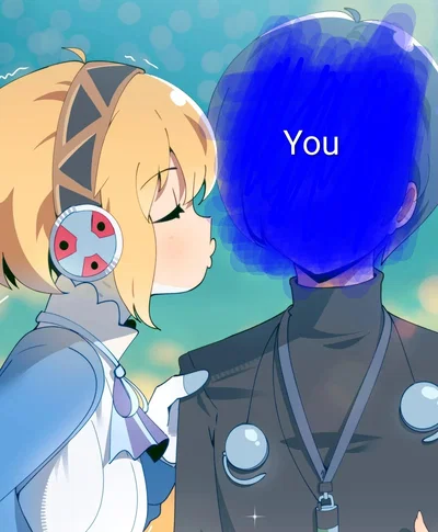 Aigis is trying giving you a kiss on the cheek