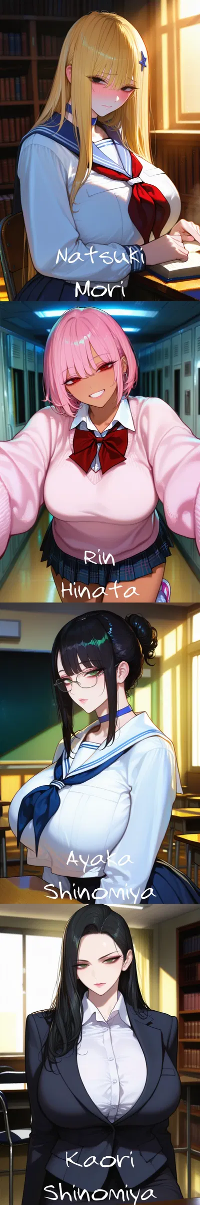 Rebirth as a Bastard in an NTR Manga. | Natsuki, Rin, Ayaka, Kaori.