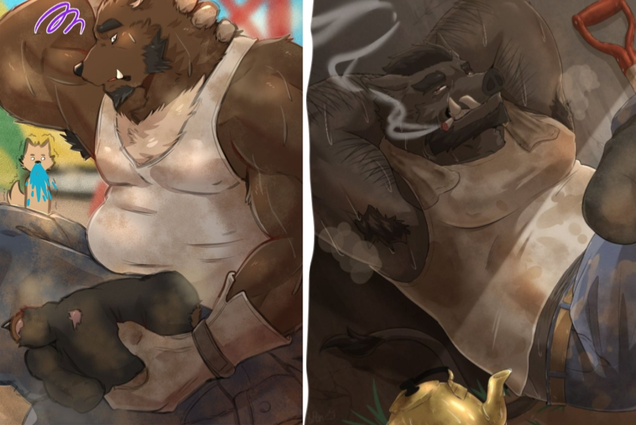 Stinky construction worker bear and boar.