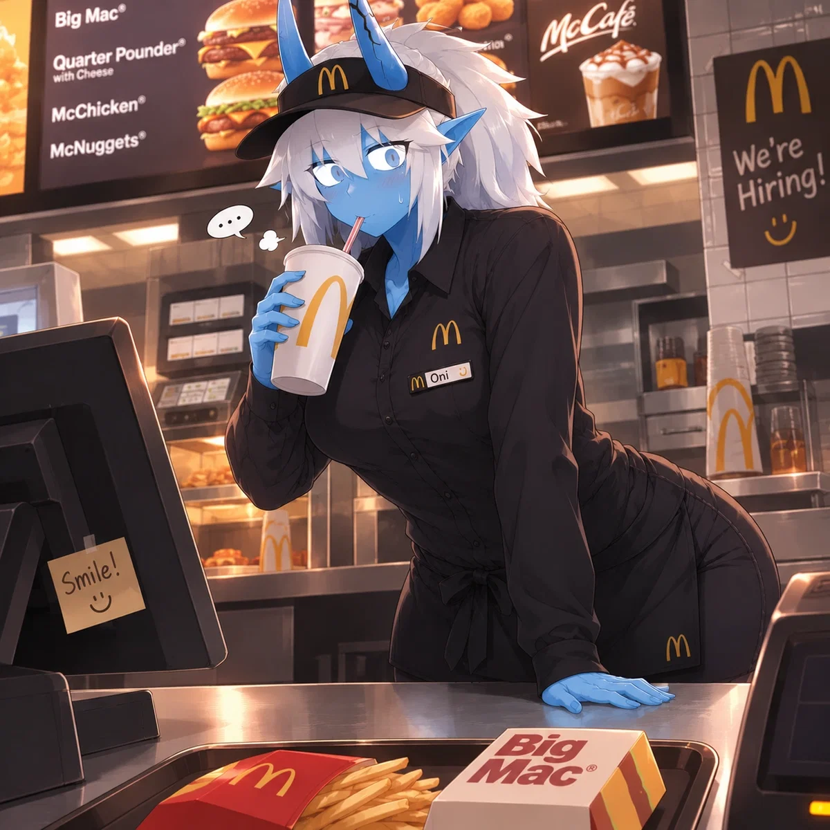 Oh my god! In a modern world where demons are the norm, and this blue-skinned, big-assed demoness is drinking your Fanta!? DON'T YOU DARE GIVE HER YOUR FANTA! IT'S YOURS! And second scenario where she is being neet herself.