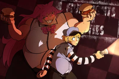  , you got a bumass dead end job at a fat fetish art exhibit where the characters are alive and they want to feed you, but it's only night one so only one of them is active and her Name is Milkamean (Five nights with fatties)