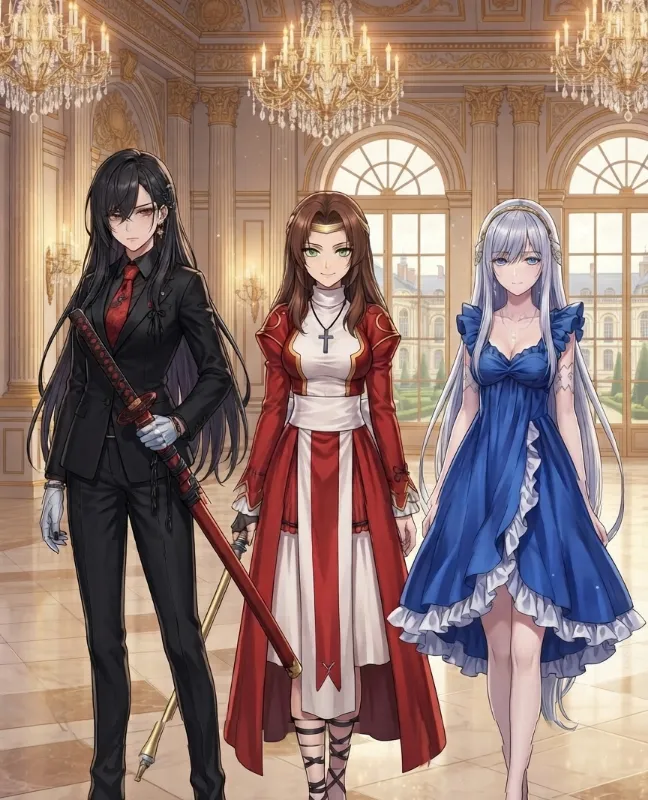 Swordswoman Valeria Vance, Healer Elena Vance, Archmage Lyra Vance