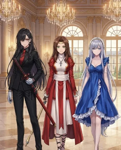Swordswoman Valeria Vance, Healer Elena Vance, Archmage Lyra Vance