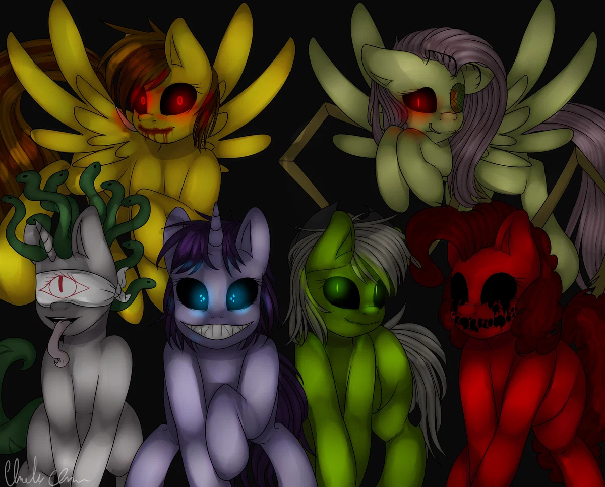 the Leader is (Dimmed Star) and the Red Pony is (Zalgy Cake) when she get Angry she turned Blue her Name is Zalgressa the Medusa Pony is called (Stone) and the Yellow one is (Dull Sloth) the Second Pegasus is (Spider Lock) and the Green earth pony is (Rotten Bunch)