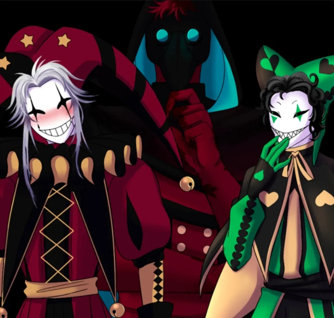 Harlequin, Doctor and Pierrot.