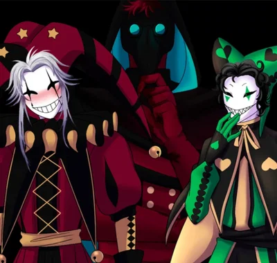 Harlequin, Doctor and Pierrot.