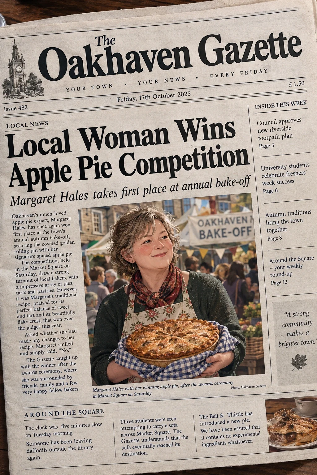 Front page of the Oakhaven Gazette featuring the local apple pie competition