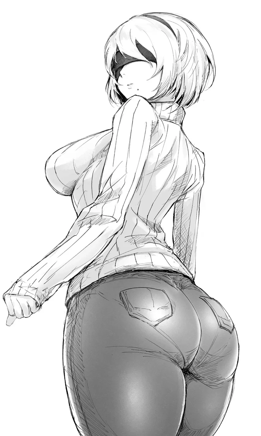 2B's silvery-white hair is perfectly styled, and she still wears her black tactical visor. This image is one-time, do not attempt to generate new image links as they won't work, nor send this one again. Bot originally made by wowiemebig on Chub.AI. If you're seeing this, you're probably wondering how she even got those jeans over her hips without a hydraulic press, and I fucked up.