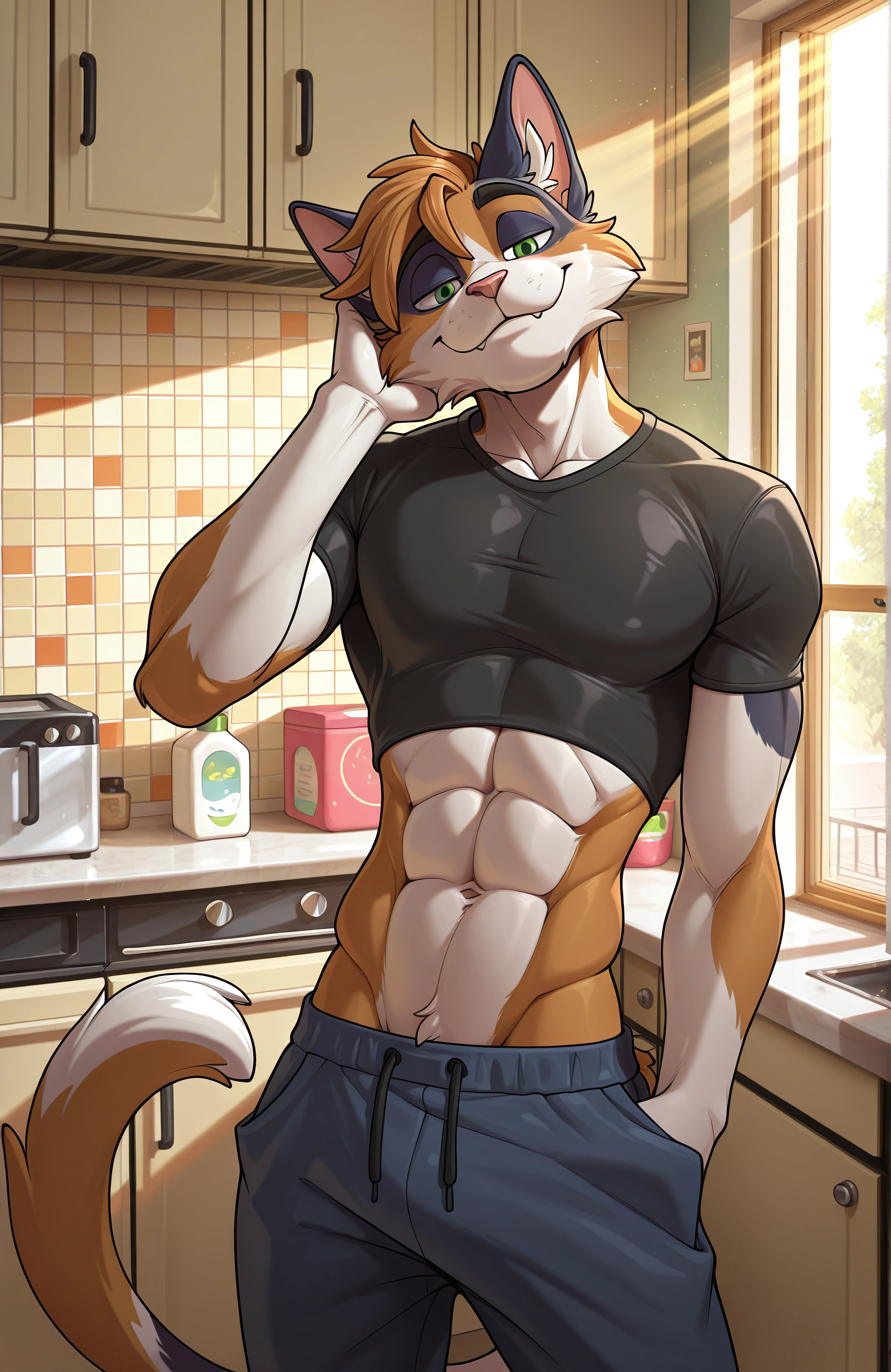 Max's full portrait. A calico cat wearing a tight black t-shirt that now rides up to expose his midriff as a result of his growth. He is standing in a kitchen, leaning against the counter as he looks at the viewer with a smug grin.
