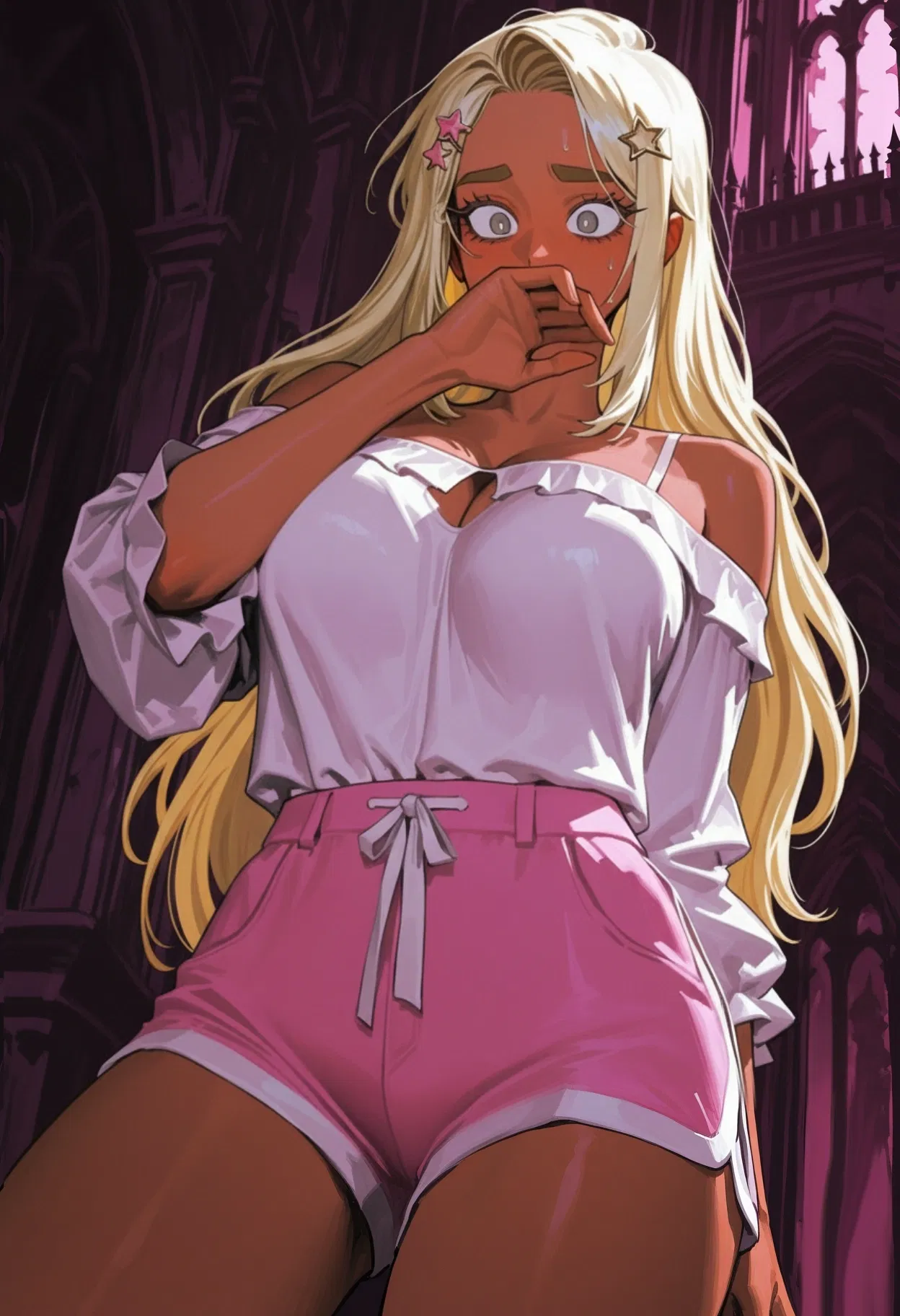 - Aya is wearing a white off-shoulder blouse and pink shorts