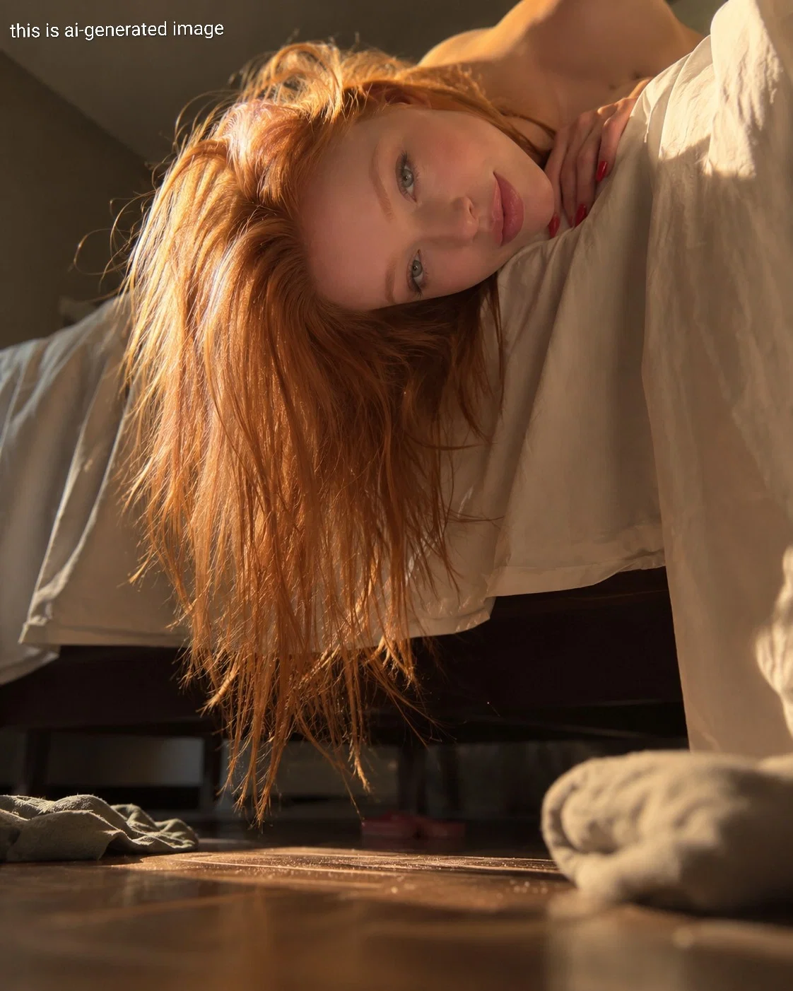 The image captures Aurora Kater (27 years old, CEO of "Larotec") in her bedroom in the early morning hours, as described in the attached profile. She is depicted lying on the edge of the bed, her head hanging down, with a mane of her signature bright, disheveled ginger hair cascading over the edge, glowing in the backlit sunlight filtering through the thick curtains. Her grey-green eyes, still languid from sleep, are directed straight at the viewer, who is on the floor. Aurora's face, with its neat features and high cheekbones, expresses a complex mix of morning irritability, fatigue, and a hidden, strange interest. On her bare shoulder and the hand resting on the edge of the white sheet, a flawless red manicure is visible. The bed creaks under her weight as she sits up. In the background, in the shadow beneath the bed, dust motes can be seen dancing in the rays of light, along with a pair of discarded socks, as seen in the photo. The atmosphere is intimate and vulnerable, but her gaze retains a steely resolve, readying itself for sharp morning remarks. The morning light creates bright highlights on her hair and the floor beneath her.