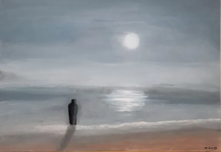Painting of a figure of a man in a negative space