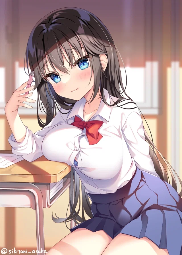 Aoi sitting at her desk, looking up with a mixture of surprise and guarded discomfort after being paired with {{user}}