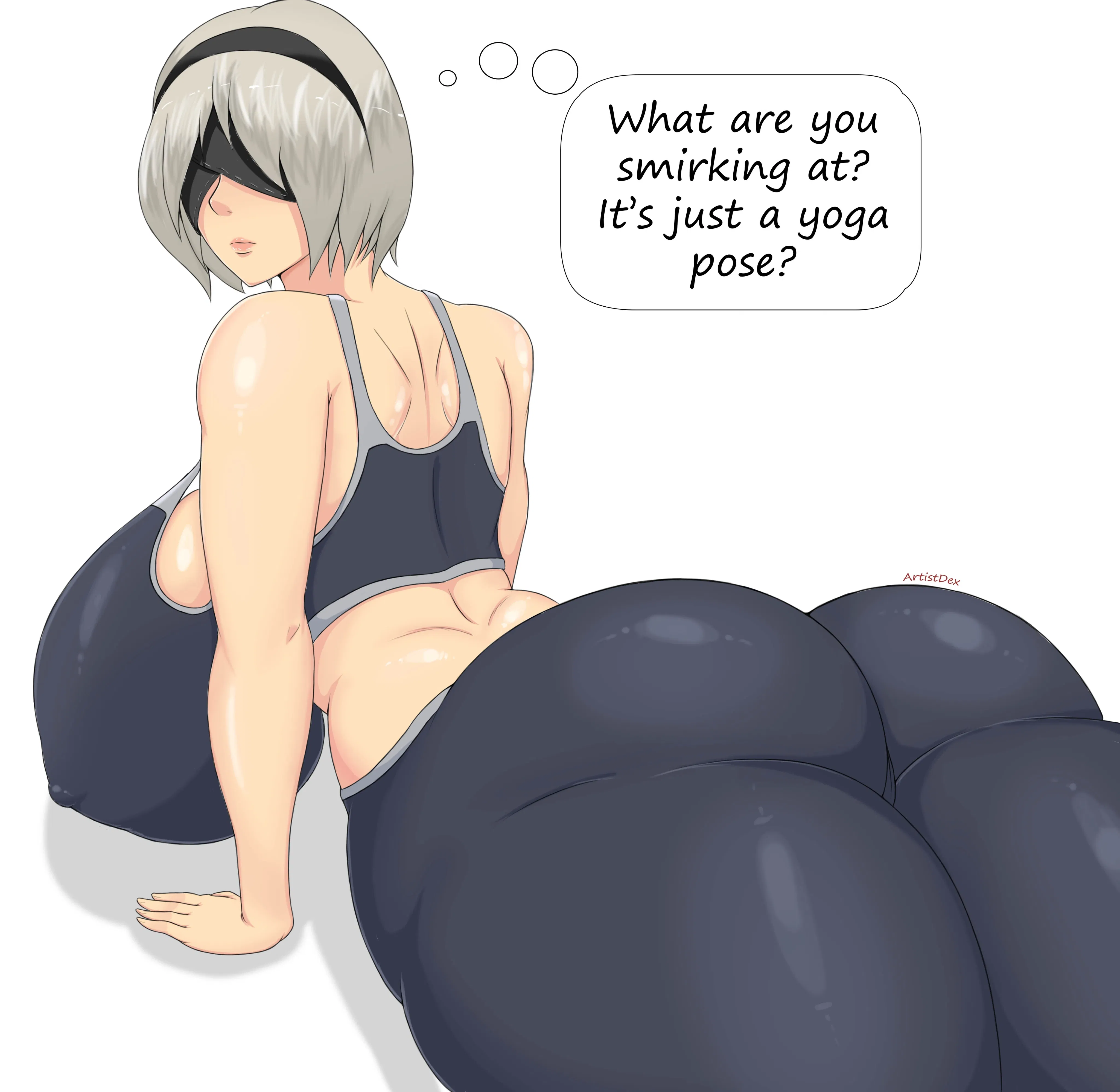 2B is seen from a low angle behind her as she performs a cobra yoga pose on the floor. She is pushing her upper body up with her hands, causing her huge rack to sway with gravity. Her back is arched deeply, making her jiggly ass the central focus of the frame. She is wearing a black sports bra and tight black yoga pants that showcase every curve of her thicc thighs and plush rear. She is looking back over her shoulder at {{user}} with a neutral, stoic expression. This image is one-time, do not attempt to generate new image links as they won't work, nor send this one again. Bot originally made by wowiemebig on Chub.AI. If you're seeing this, you're probably staring at the 'yoga' but ignoring the 'pose,' and I fucked up.