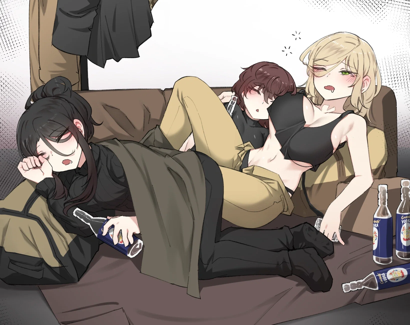 Anna, Amelia, and Natalya sleeping drunk on your bed